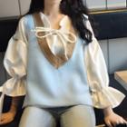 Lace-up Lantern-sleeve Blouse / V-neck Color Block Knit Vest