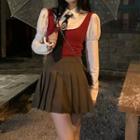 Puff-sleeve Plain Shirt / Plain Vest / High-waist A-line Pleated Mini Skirt