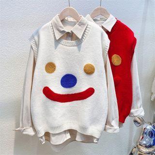 Set: Plain Shirt + Smiley Face Print Sweater Vest