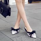 Dotted Mesh Bow Block Heel Mules