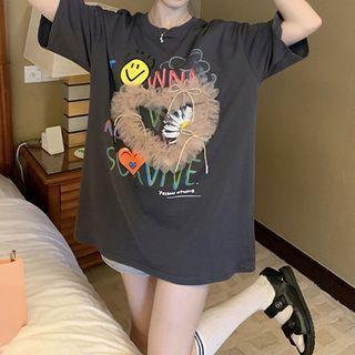 Elbow-sleeve Print Mesh Trim T-shirt