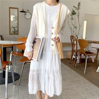 V-neck Knit Vest / Crew-neck Long-sleeve Midi A-line Dress