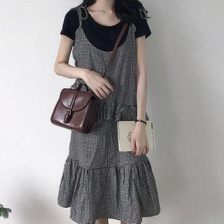 Short-sleeve T-shirt / Ruffled Hem Midi A-line Pinafore Dress / Set