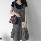 Short-sleeve T-shirt / Ruffled Hem Midi A-line Pinafore Dress / Set