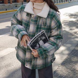 Fleece-collar Plaid Zipped Coat