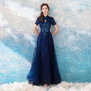 Short-sleeve Floral Embroidery A-line Evening Gown