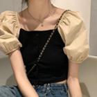 Puff-sleeve Two-tone Cropped Blouse Almond & Black - One Size