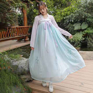 Set: Embroidered Hanfu Top + Maxi A-line Dress