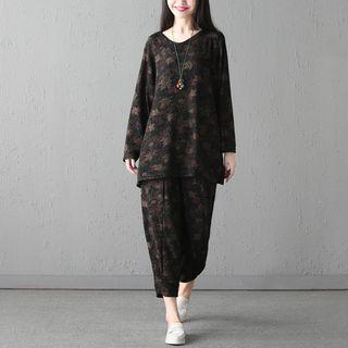 Set: Long-sleeve Floral Top + Harem Pants