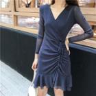 Long-sleeve V-neck Drawstring Sheath Dress