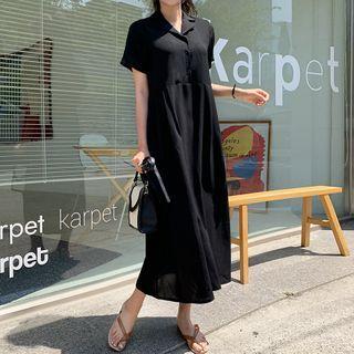 Collared Half-placket Dress Black - One Size