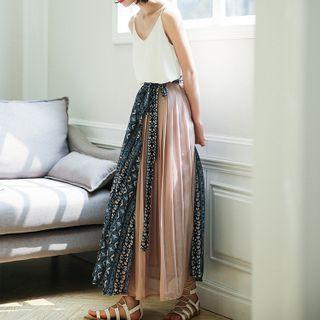 Color Block Floral Print A-line Maxi Skirt As Shown In Figure - One Size