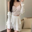 Lace Cropped Camisole Top / Cardigan / Layered Mini A-line Skirt
