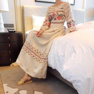 Perforated-detail Embroidered Long Dress Beige - One Size