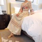 Perforated-detail Embroidered Long Dress Beige - One Size