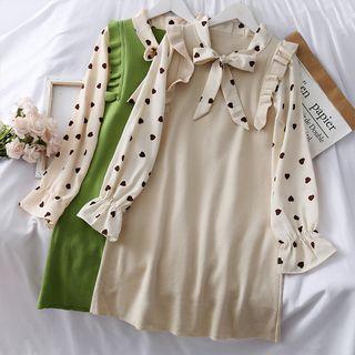 Heart-print Mock Two-piece Knit Dress