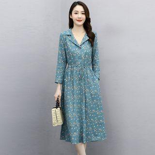 Long-sleeve Open-collar Floral Print Midi A-line Shirtdress