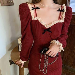 Lace Trim Knit Mini Sheath Dress