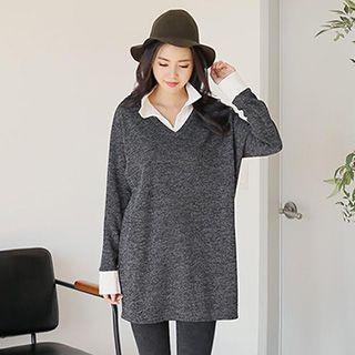 Mock Two Piece Collared Long Sleeve Knit Dress