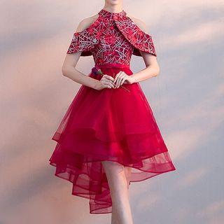 Embroidered Cold Shoulder Dip Back Cocktail Dress