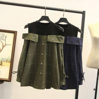 Mock Two-piece Long-sleeve Cold Shoulder Check Top