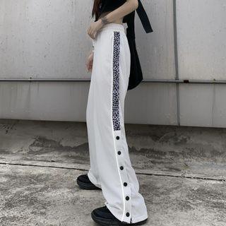 Leopard Print Trim Drawstring Wide Leg Sweatpants