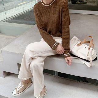 Contrast-trim Knit Top Brown - One Size