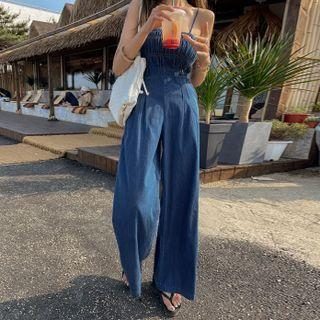 Smock Denim Tube Jumpsuit