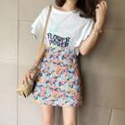 Set: Printed Bell-sleeve T-shirt + Floral Print Mini A-line Skirt