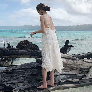 Spaghetti Strap Open-back Fluffy Midi A-line Dress