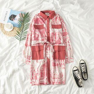 Long-sleeve Print Tie-waist Shirtdress As Shown In Figure - One Size