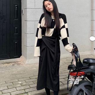 Checkered Sweater / Wrap Midi Pencil Skirt