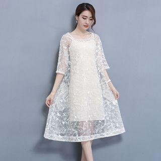 Set: Elbow-sleeve A-line Lace Dress + Slipdress