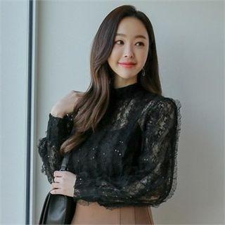 Mock-neck Frill-trim Lace Blouse