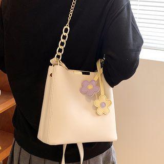 Faux Leather Floral Charm Bucket Bag