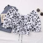 Boatneck Floral Drawstring Crop Top White - One Size