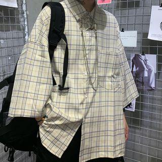 Front Pocket Elbow-sleeve Plaid Casual Shirt