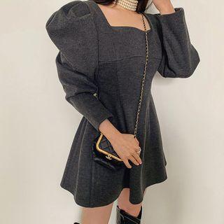Square-neck Puff-sleeve Mini Flare Dress