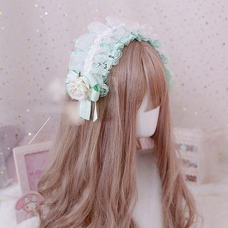 Mesh Ruffled Flower Lace Headpiece Mint Green - One Size