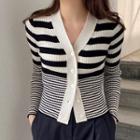 V-neck Striped Cardigan Stripe - Black & Beige - One Size