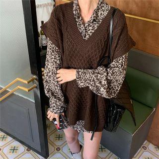 Long-sleeve Leopard Print Shirt / Cable Knit Vest