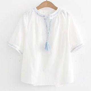 Notch Neck Elbow-sleeve Top