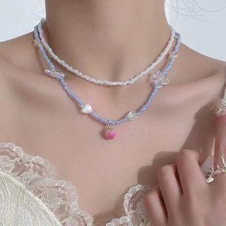 Peach / Strawberry Butterfly Faux Crystal Layered Necklace