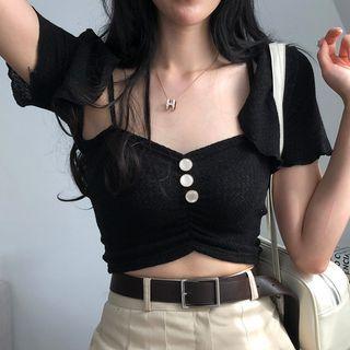 Set: Asymmetrical Cropped Camisole Top + Short-sleeve Shrug