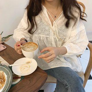 3/4-sleeve Perforated Embroidered Blouse White - One Size
