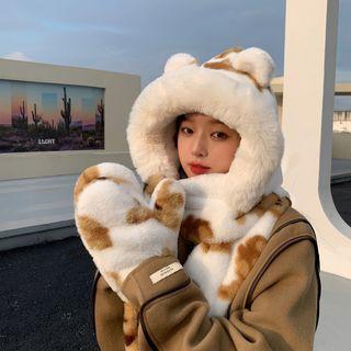 Cartoon Bear Print Fluffy Hooded Scarf