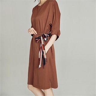 3/4-sleeve Dress With Patterned Sash
