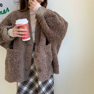 Loose-fit Fleece Cardigan Coffee - One Size