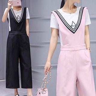 Set: Embroidered Short-sleeve T-shirt + V-neck Wide Leg Jumper Pants