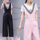 Set: Embroidered Short-sleeve T-shirt + V-neck Wide Leg Jumper Pants